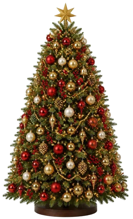 Sapin de Noël décoré style Tradition Rouge, Vert & Or